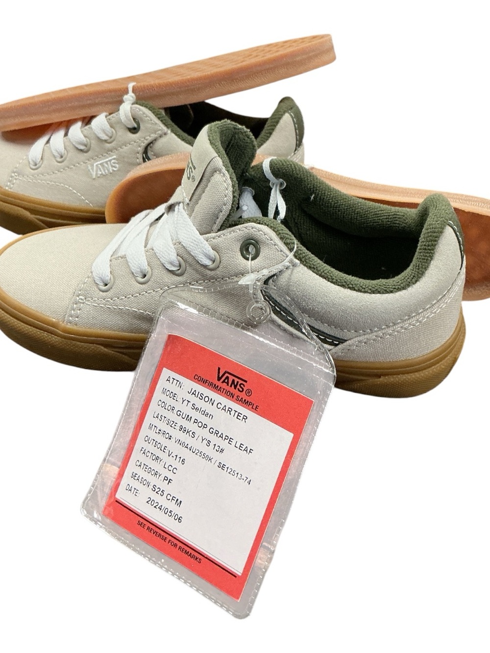 Vans Kids Low-Top Skate Sneakers in Cream and Olive with Gum Sole